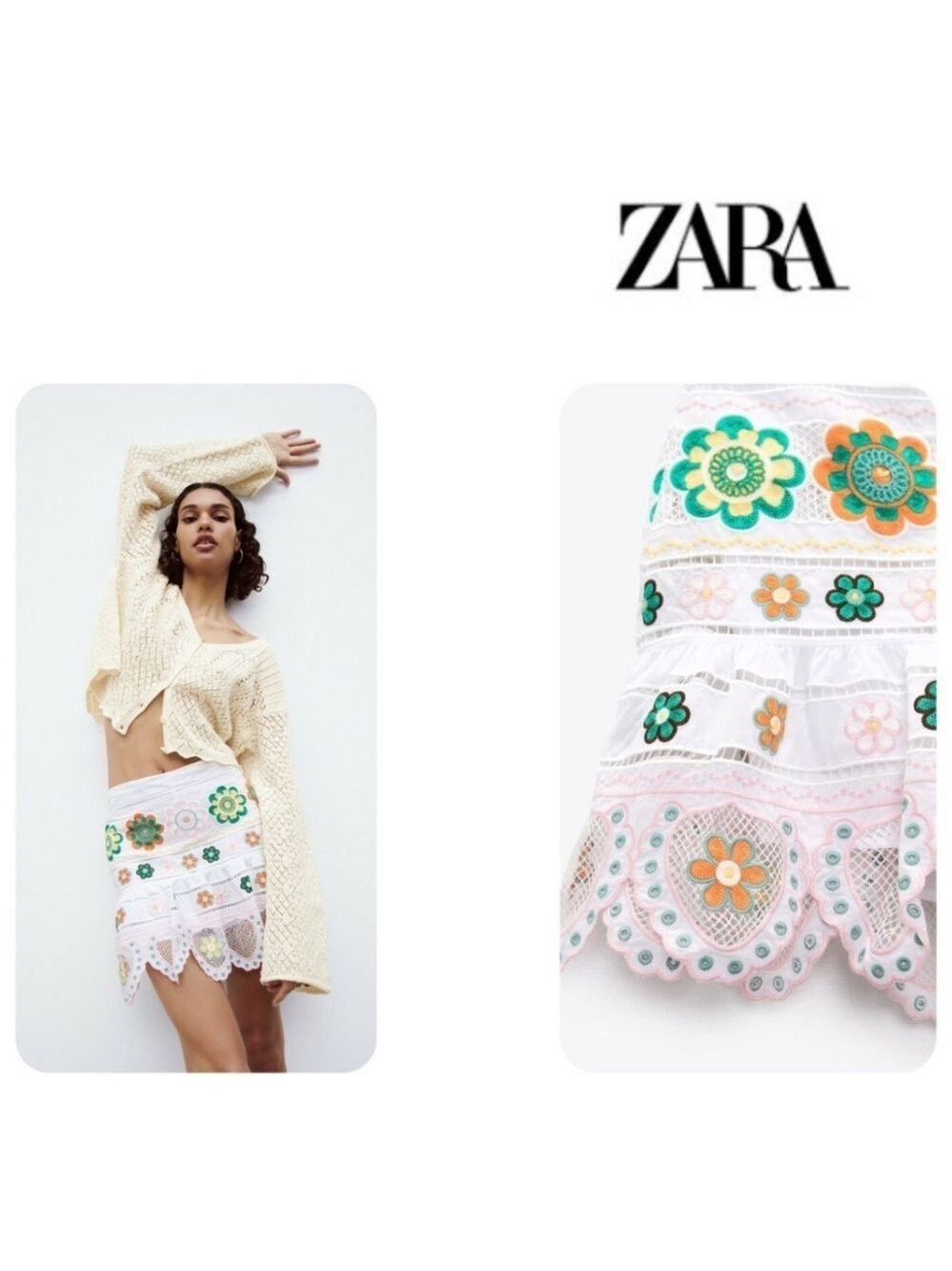 ZARA WHITE SCALLOPED MINI SKORT WITH MULTICOLOUR FLORAL EMBROIDERED XS